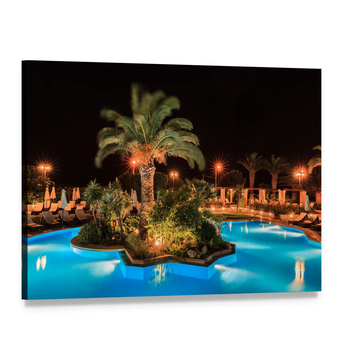 Tropical Night Pool with Glowing Lights Canvas Wall Art, single panel gallery wrapped canvas, angled product view