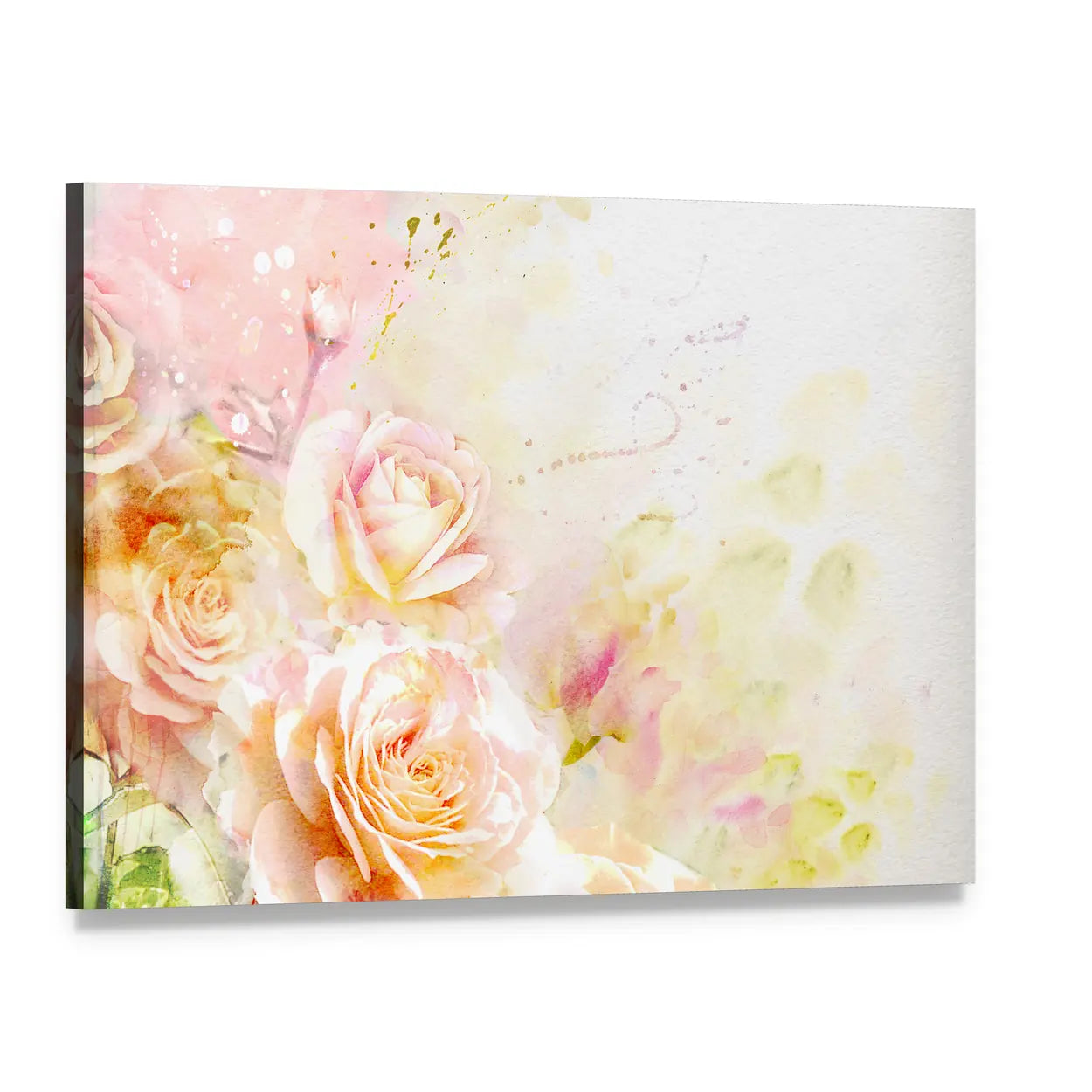 Soft Pastel Watercolor Roses Canvas Wall Art, single panel gallery wrapped canvas, angled product view