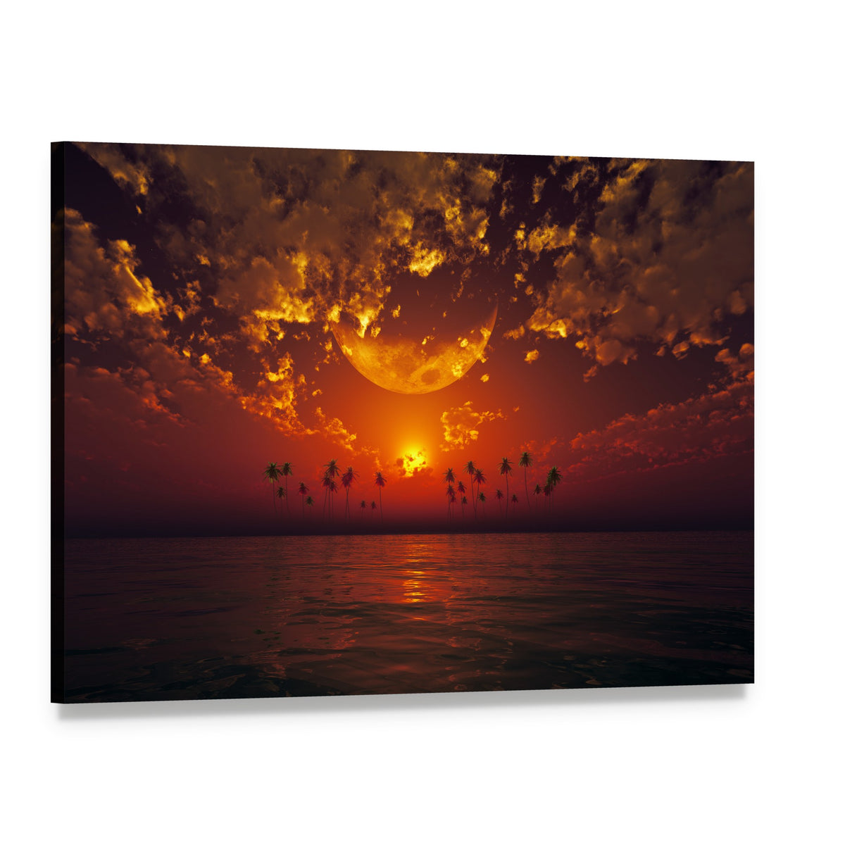 Moon Over Tropical Sunset with Palms Canvas Wall Art, single panel gallery wrapped canvas, angled product view