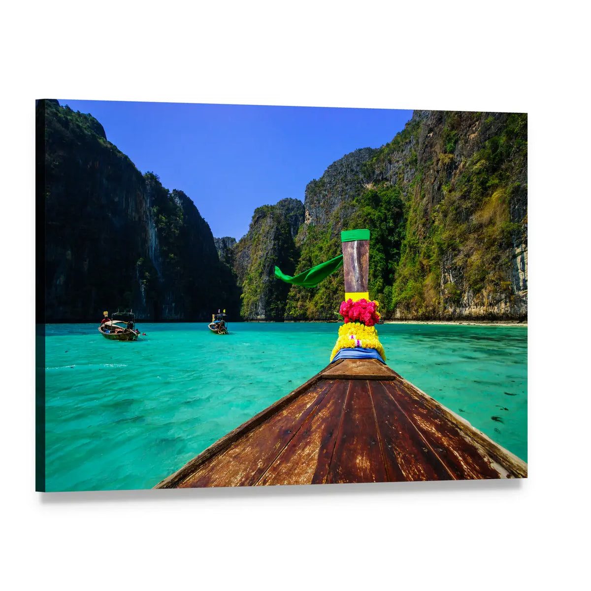 Traditional Longtail Boat in Pile Bay Canvas Wall Art, single panel gallery wrapped canvas, angled product view