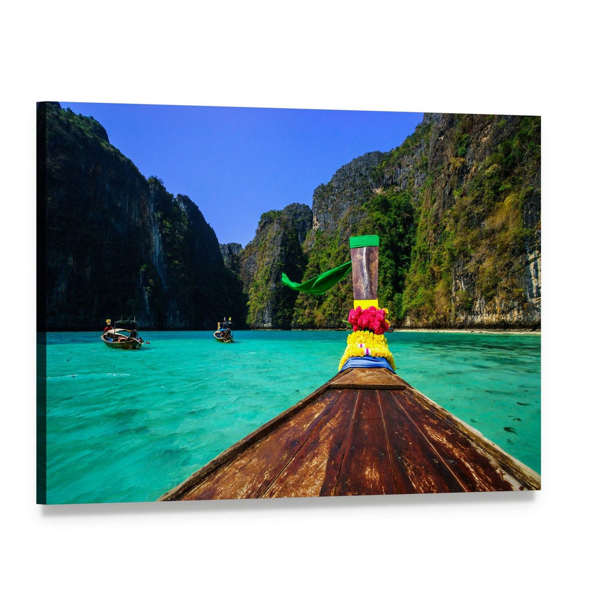 Traditional Longtail Boat in Pile Bay Canvas Wall Art, single panel gallery wrapped canvas, angled product view