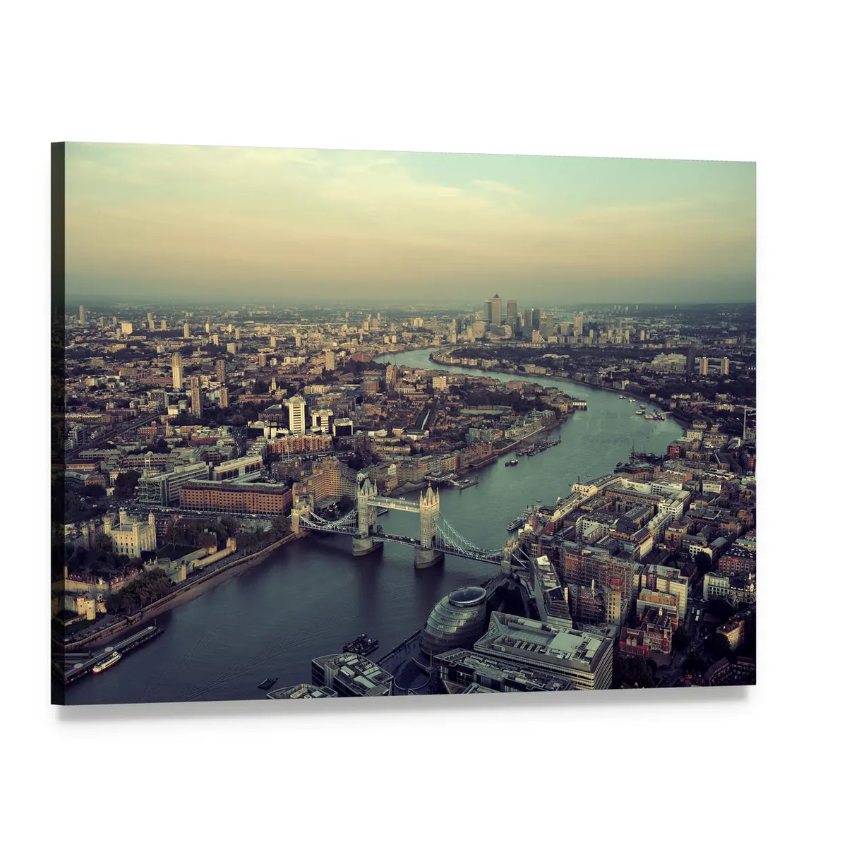 Aerial View of the Thames and Tower Bridge Canvas Wall Art, single panel gallery wrapped canvas, angled product view