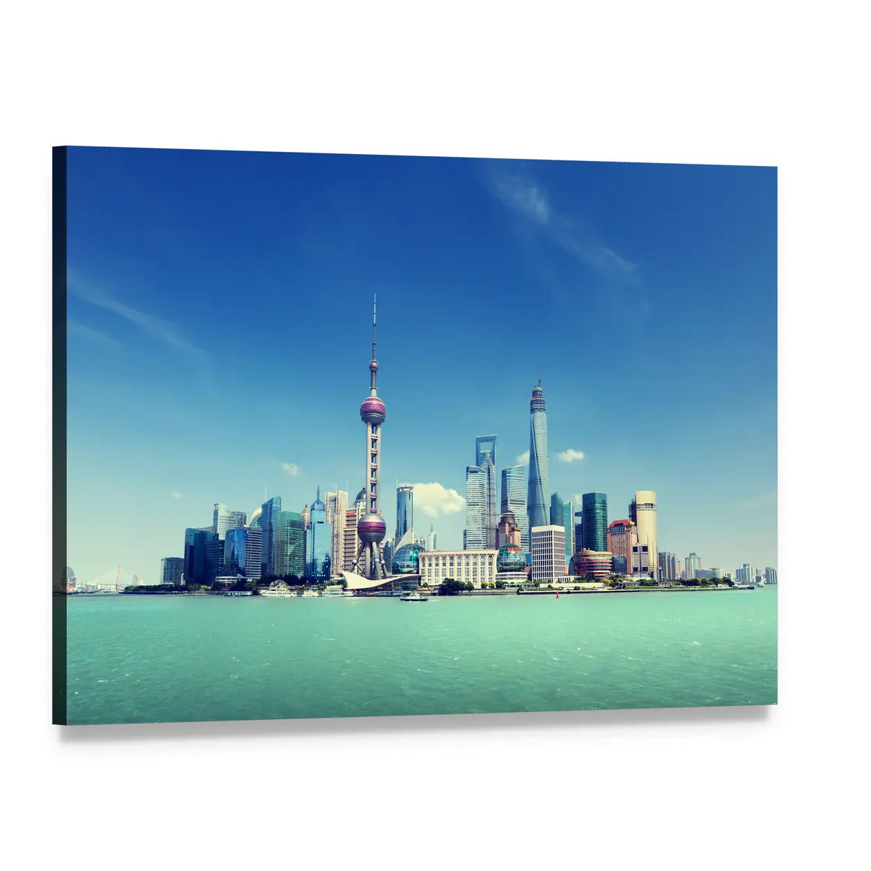 Shanghai Skyline on a Sunny Day Canvas Wall Art, single panel gallery wrapped canvas, angled product view