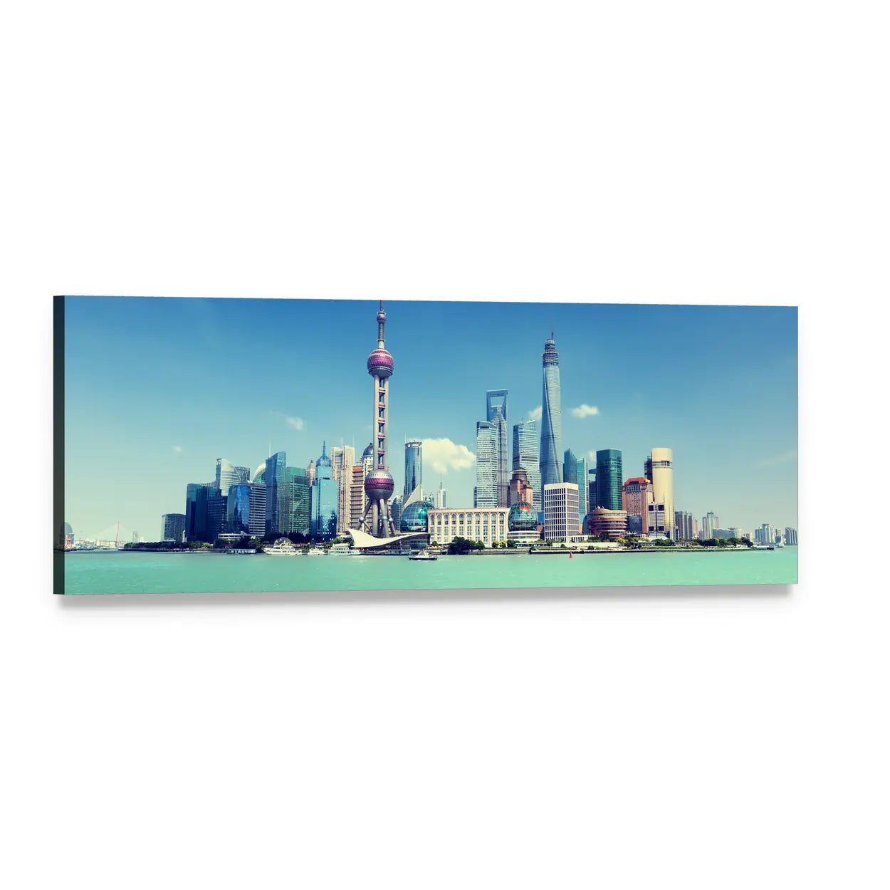 Shanghai Skyline on a Sunny Day Panoramic Canvas Wall Art, single panel gallery wrapped canvas, angled product view