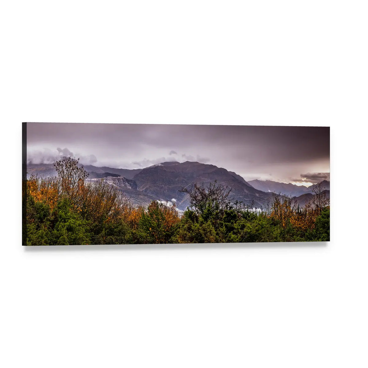 Purple-tinged Autumn Mountain Range Panoramic Canvas Wall Art, single panel gallery wrapped canvas, angled product view