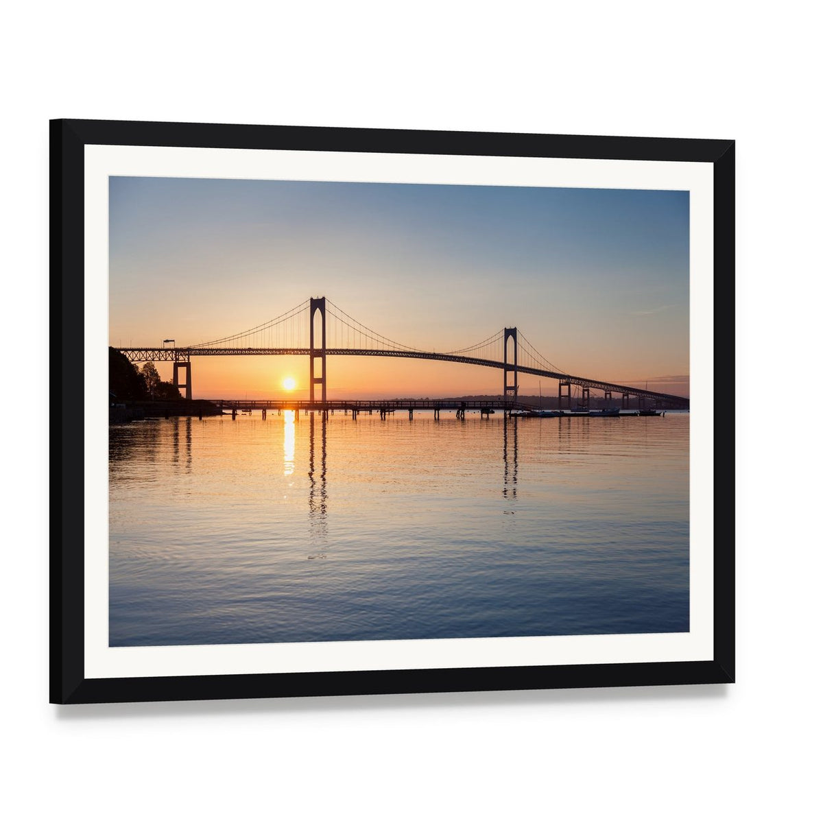 Sunrise Over Newport Bridge Canvas Wall Art, framed print with white mat and black frame, angled product view