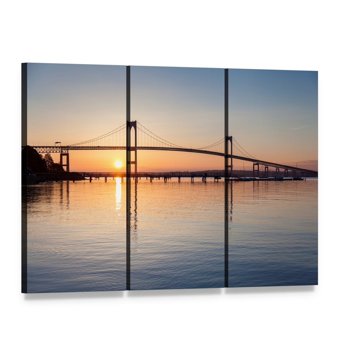 Sunrise Over Newport Bridge Canvas Wall Art, 3 panel 3 Horizontal layout gallery wrapped canvas set, angled product view