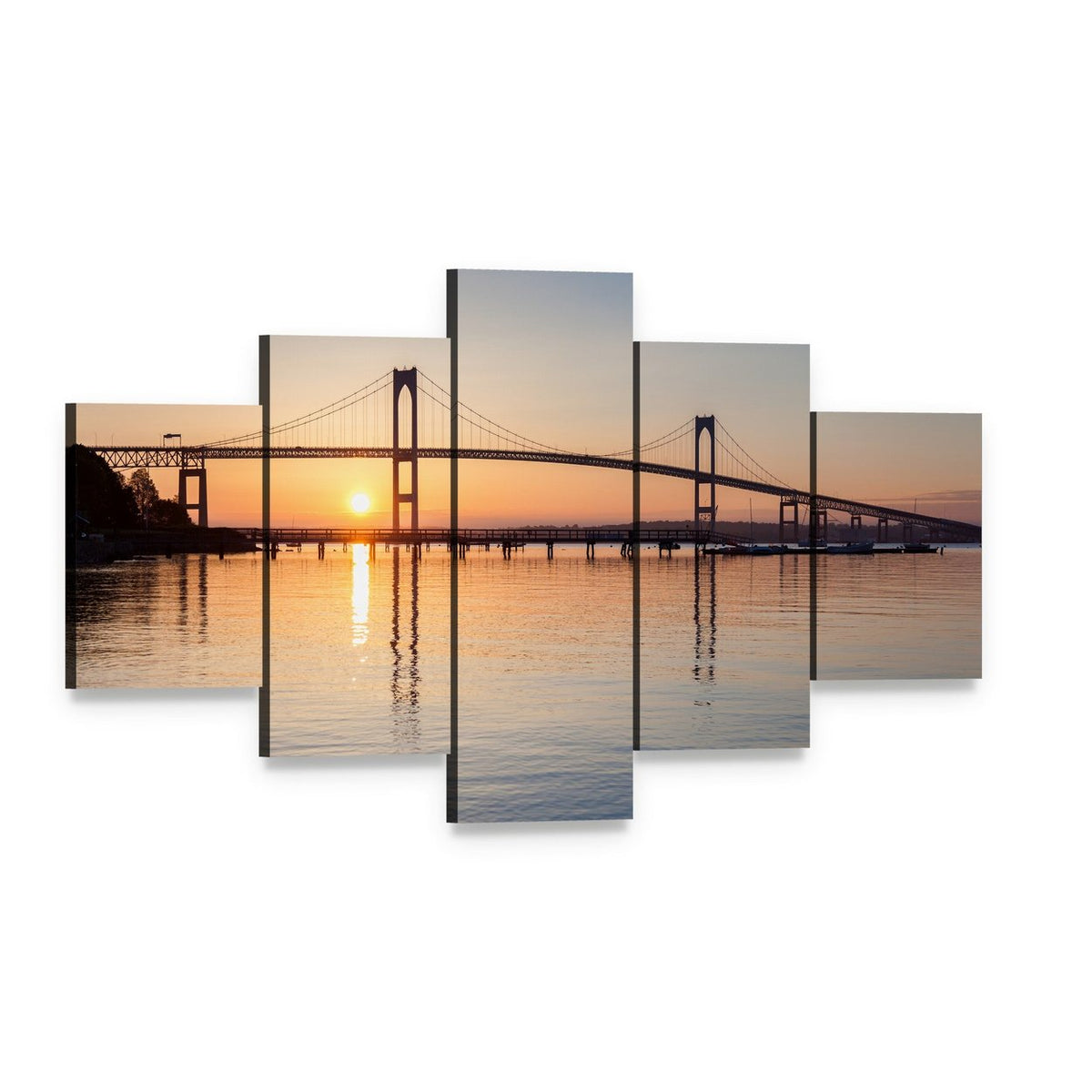 Sunrise Over Newport Bridge Canvas Wall Art, 5 panel 5 Star layout gallery wrapped canvas set, angled product view