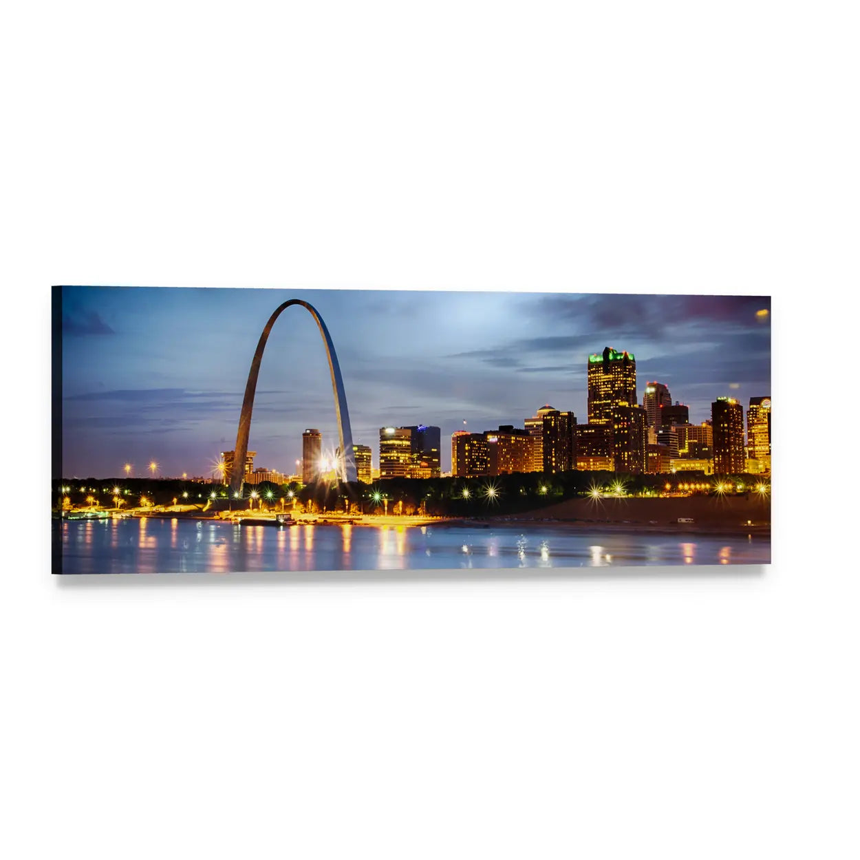 St Louis Skyline Panoramic Canvas Wall Art, single panel gallery wrapped canvas, angled product view