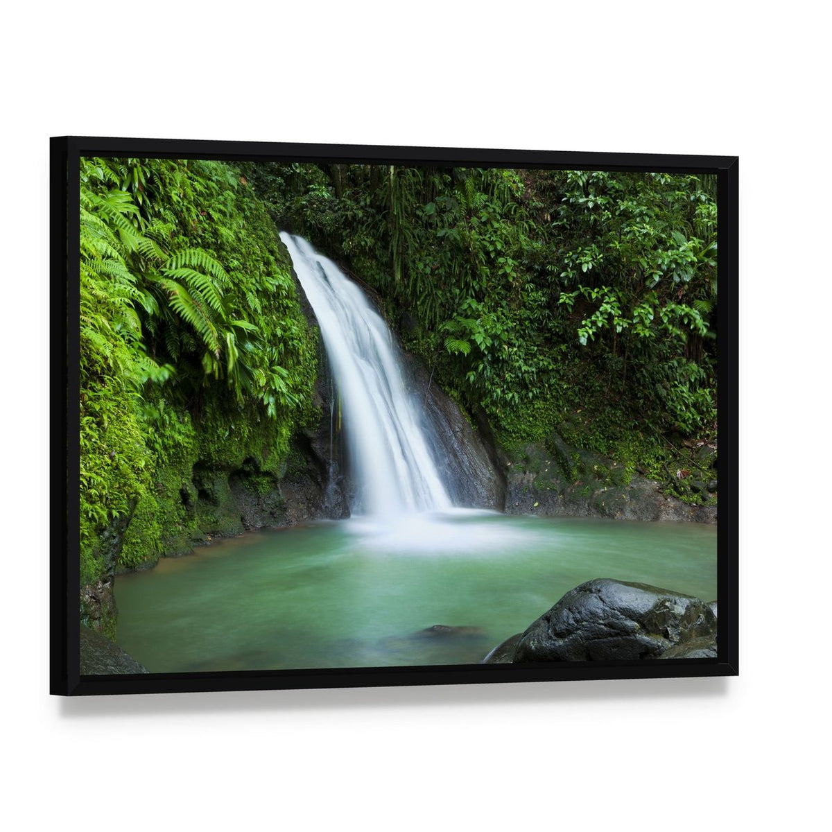 Waterfall in the National Park of Guadeloupe Canvas Wall Art, framed canvas in a black floater frame, angled product view