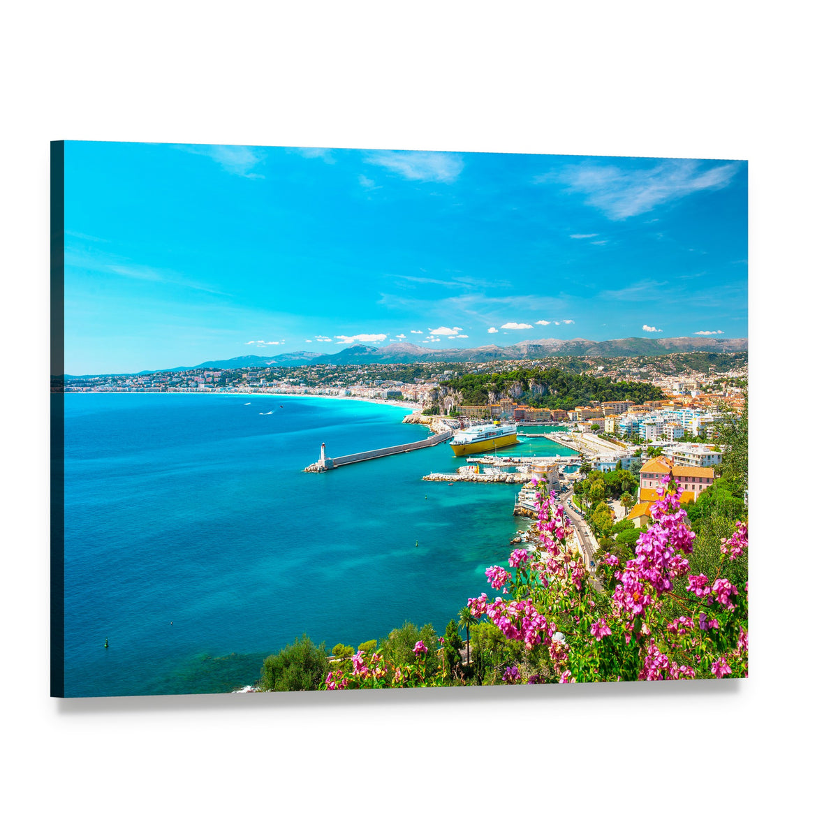 Mediterranean Harbor with Turquoise Sea Canvas Wall Art, single panel gallery wrapped canvas, angled product view