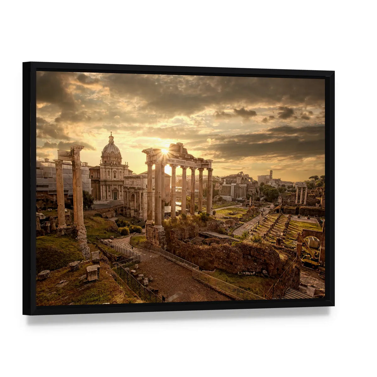 Roman Ruins at Sunset Canvas Wall Art, framed canvas in a black floater frame, angled product view