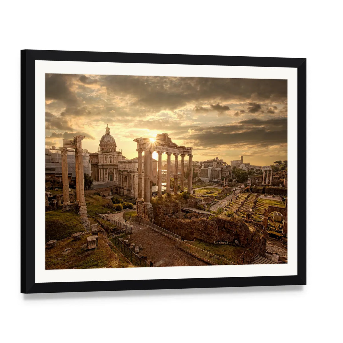 Roman Ruins at Sunset Canvas Wall Art, framed print with white mat and black frame, angled product view