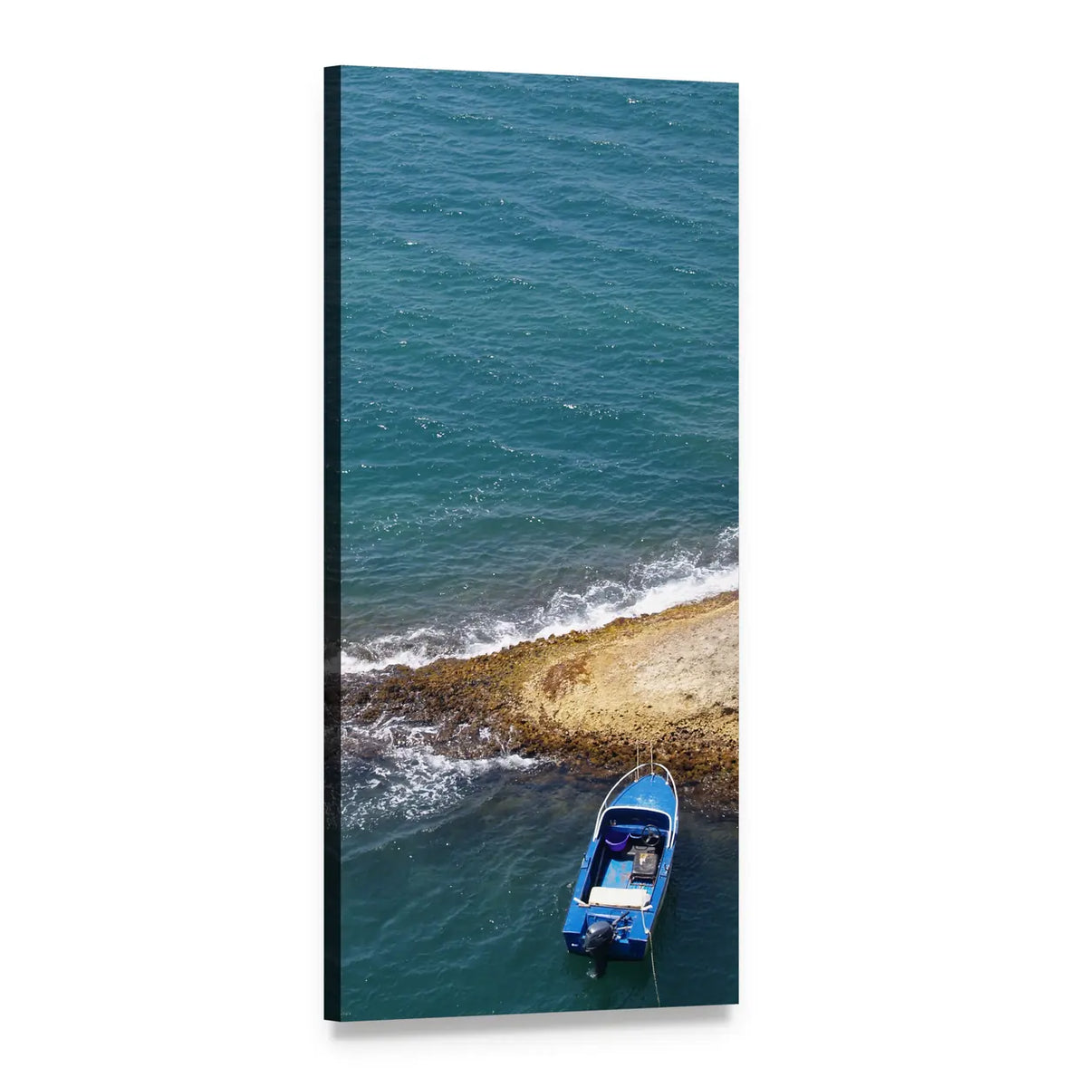Tethered Blue Motorboat on Rocky Shoreline Vertical Canvas Wall Art, 1 panel 1 Vertical layout gallery wrapped canvas set, angled product view