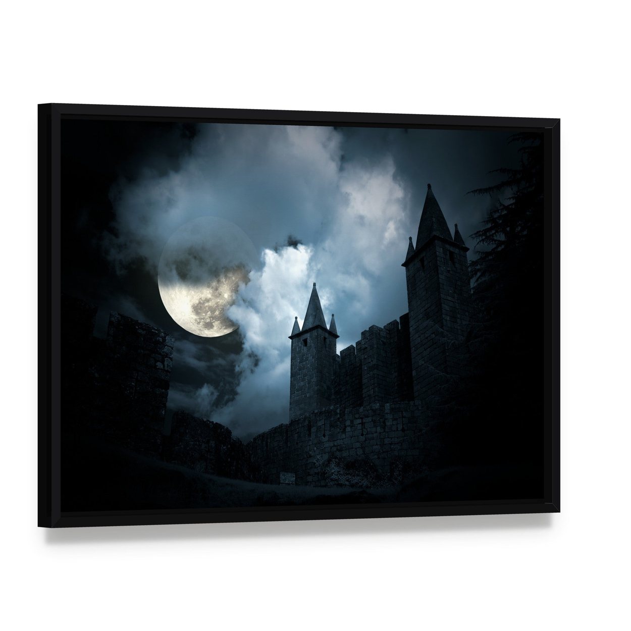 Mysterious Medieval Castle Canvas Wall Art, framed canvas in a black floater frame, angled product view
