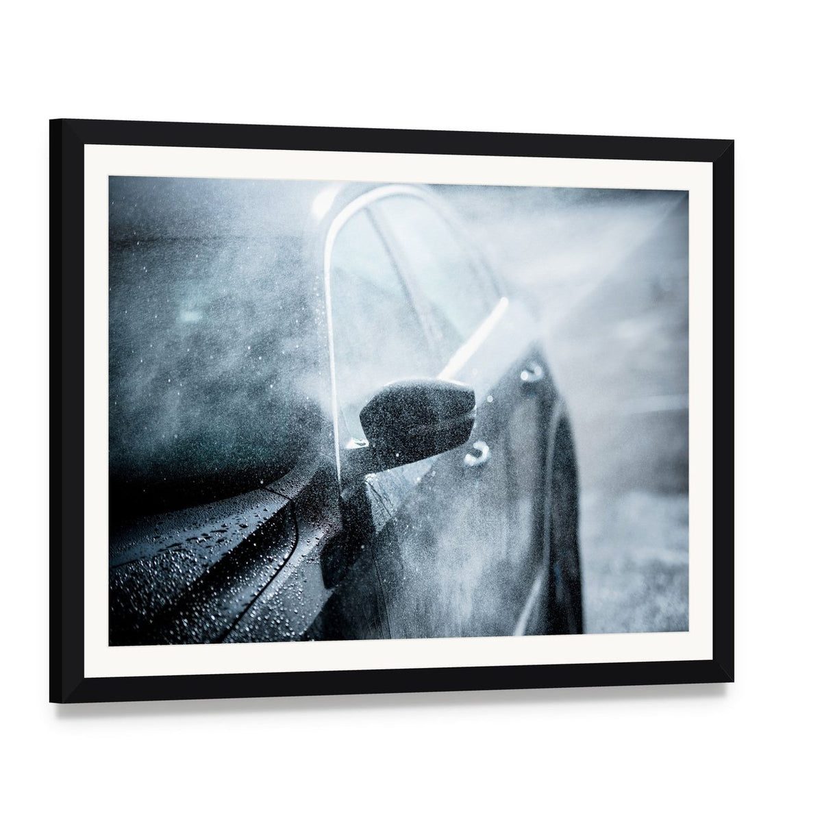 Car Covered by Water Canvas Wall Art, framed print with white mat and black frame, angled product view