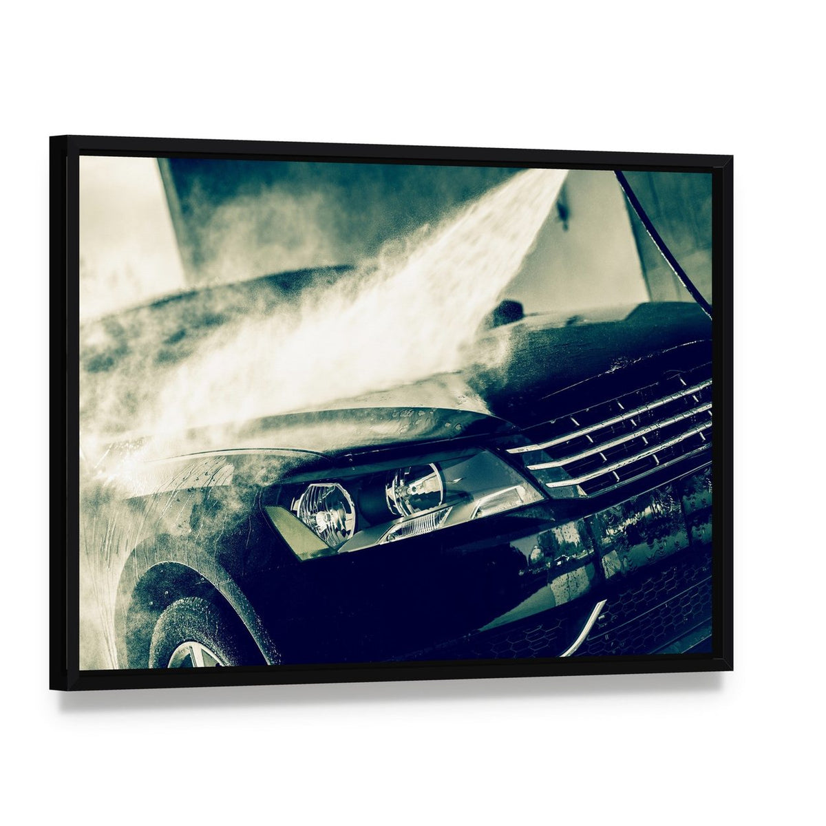 Washing Modern Car Canvas Wall Art, framed canvas in a black floater frame, angled product view