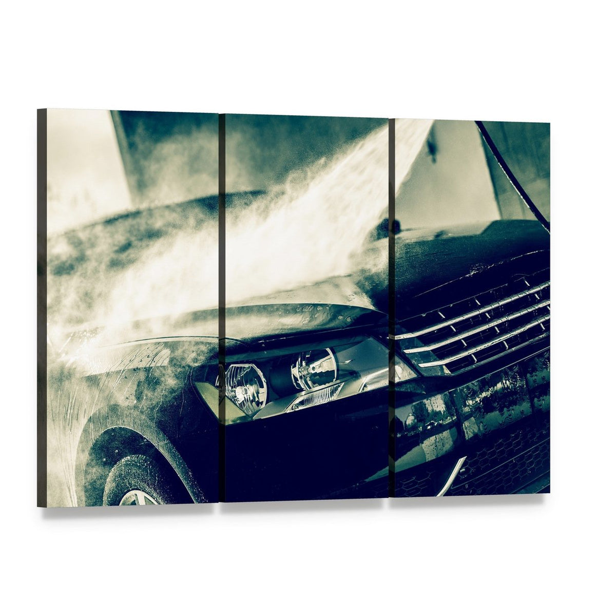 Washing Modern Car Canvas Wall Art, 3 panel 3 Horizontal layout gallery wrapped canvas set, angled product view