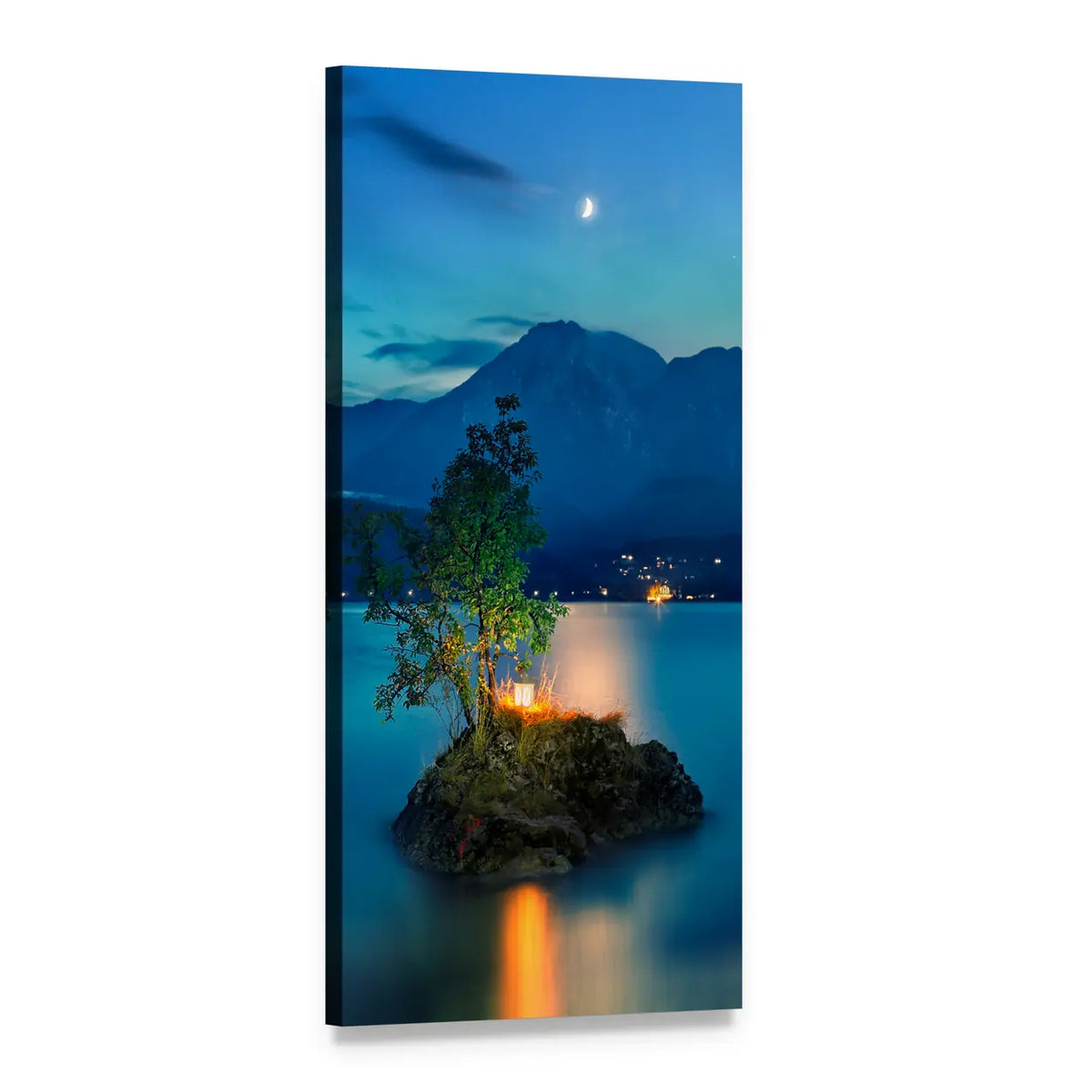 Austrian Lake with Island and Crescent Moon Vertical Canvas Wall Art, 1 panel 1 Vertical layout gallery wrapped canvas set, angled product view