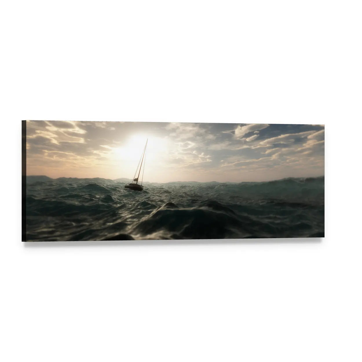 Sailboat in Stormy Sea at Sunset Panoramic Canvas Wall Art, single panel gallery wrapped canvas, angled product view