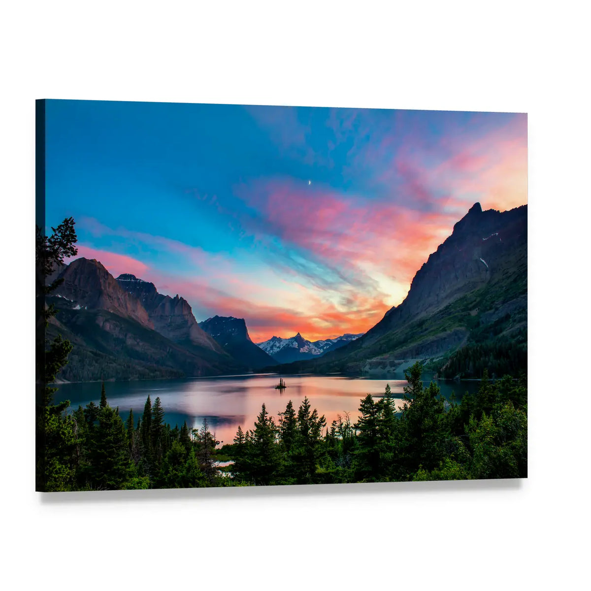 Sunset Over St. Mary Lake Canvas Wall Art, single panel gallery wrapped canvas, angled product view