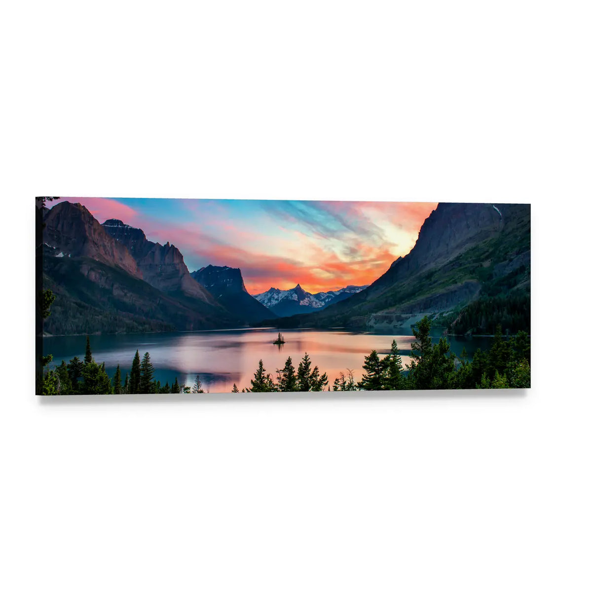Sunset Over St. Mary Lake Panoramic Canvas Wall Art, single panel gallery wrapped canvas, angled product view