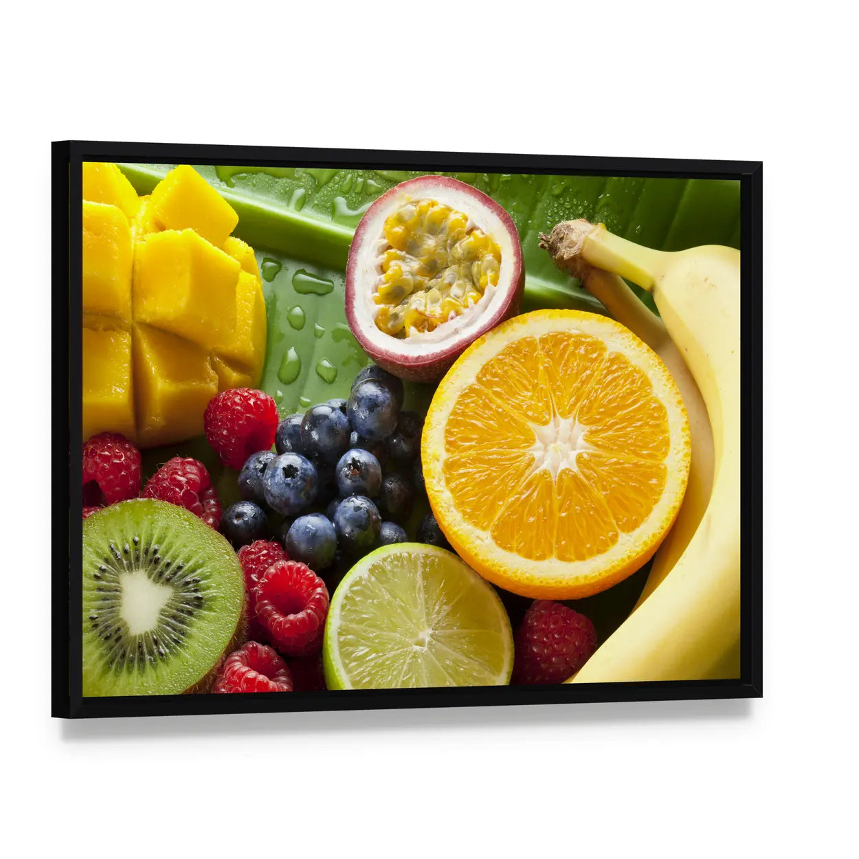 Fresh Tropical Fruit Still Life Canvas Wall Art, framed canvas in a black floater frame, angled product view