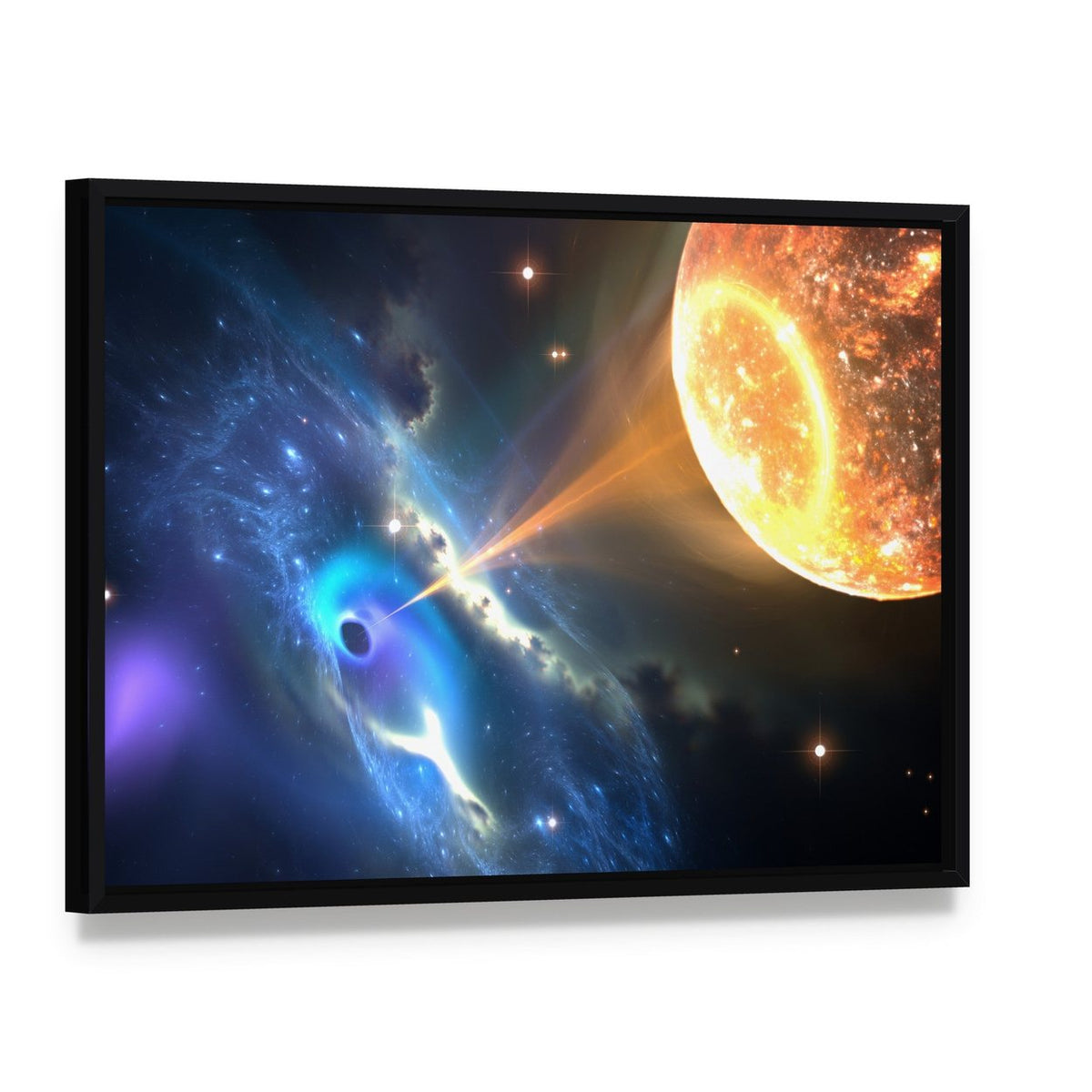 Black Hole Sucking Nearest Star Canvas Wall Art, framed canvas in a black floater frame, angled product view