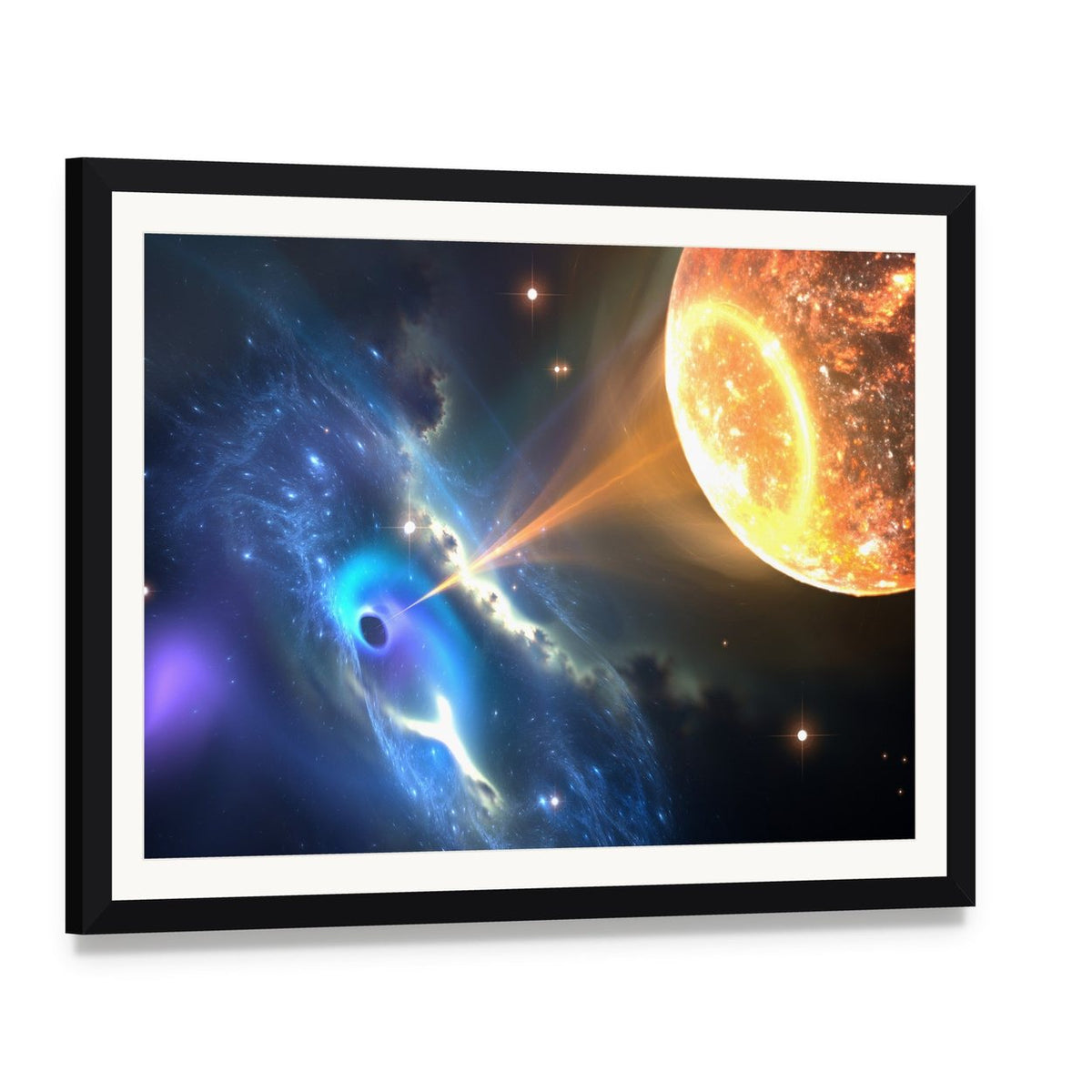 Black Hole Sucking Nearest Star Canvas Wall Art, framed print with white mat and black frame, angled product view