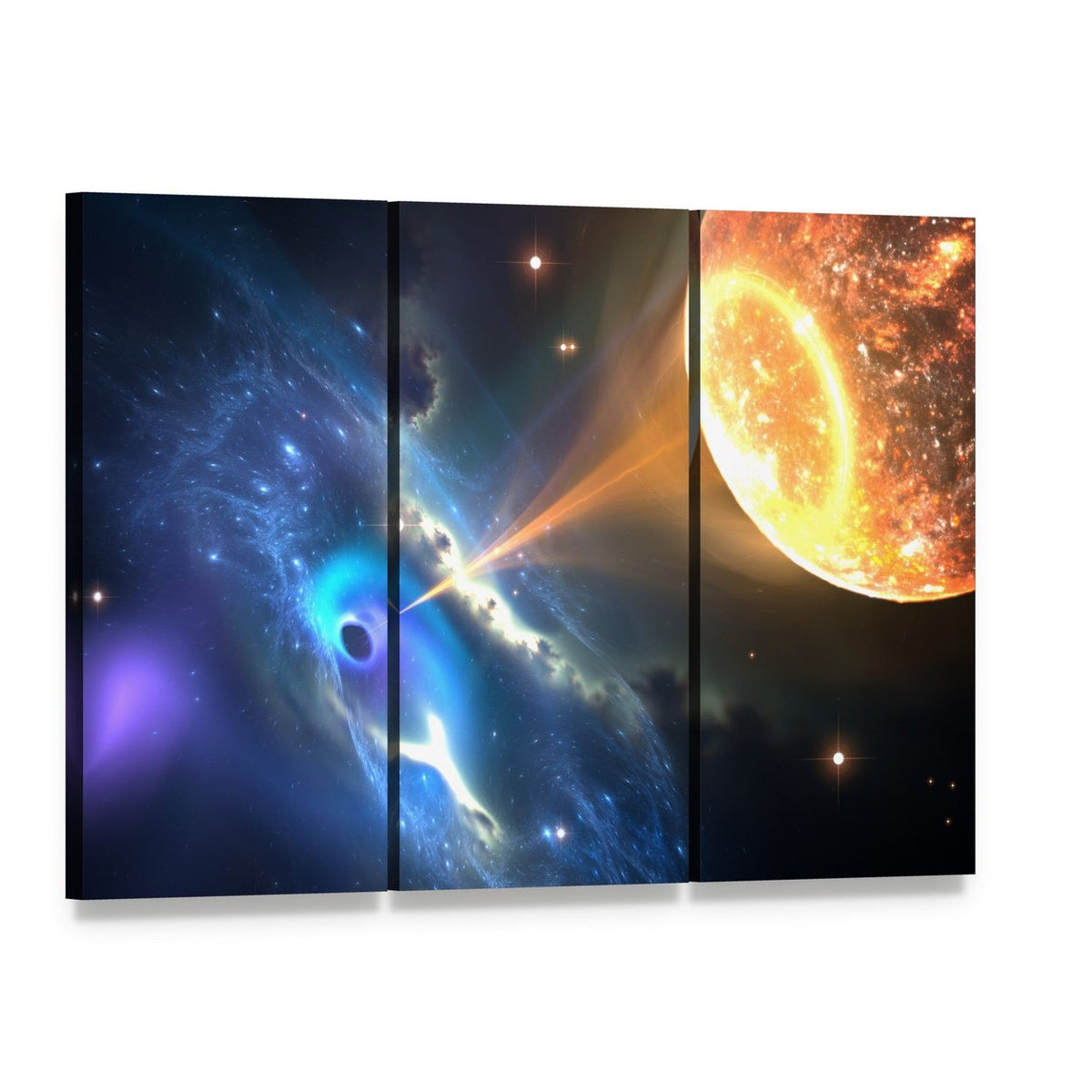 Black Hole Sucking Nearest Star Canvas Wall Art, 3 panel 3 Horizontal layout gallery wrapped canvas set, angled product view