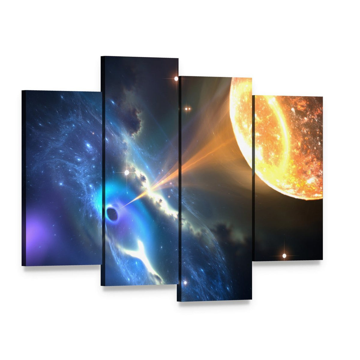 Black Hole Sucking Nearest Star Canvas Wall Art, 4 panel 4 Pop layout gallery wrapped canvas set, angled product view