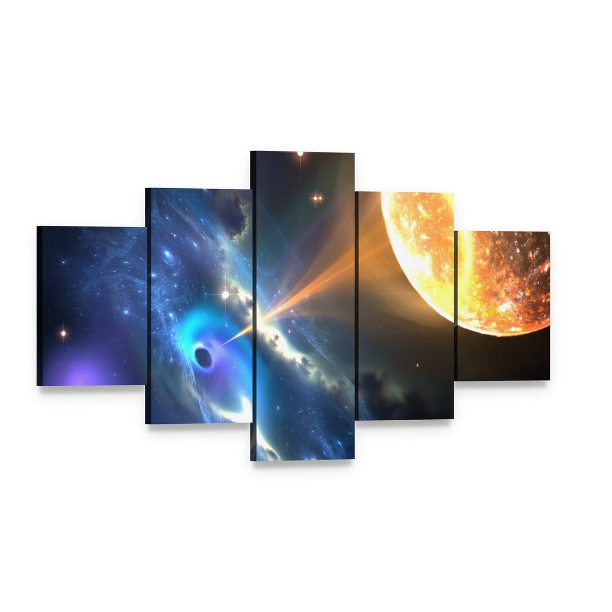 Black Hole Sucking Nearest Star Canvas Wall Art, 5 panel 5 Star layout gallery wrapped canvas set, angled product view