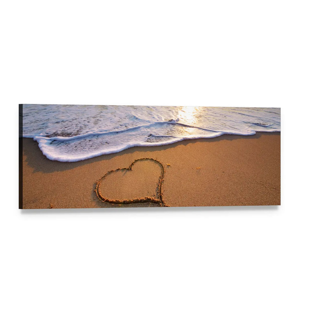 Heart in Sand at Golden Hour Panoramic Canvas Wall Art, single panel gallery wrapped canvas, angled product view