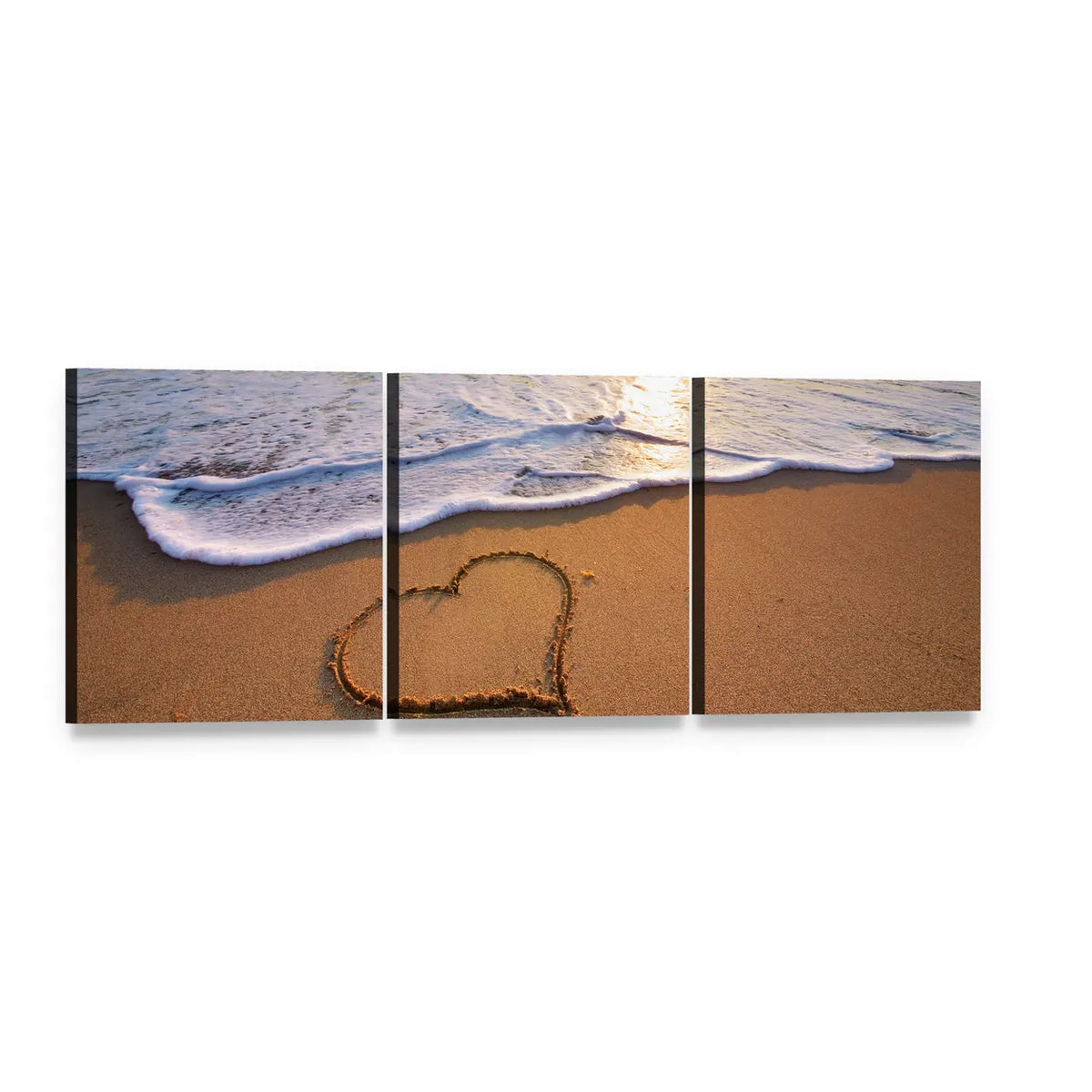 Heart in Sand at Golden Hour Panoramic Canvas Wall Art, 3 panel 3 Piece layout gallery wrapped canvas set, angled product view