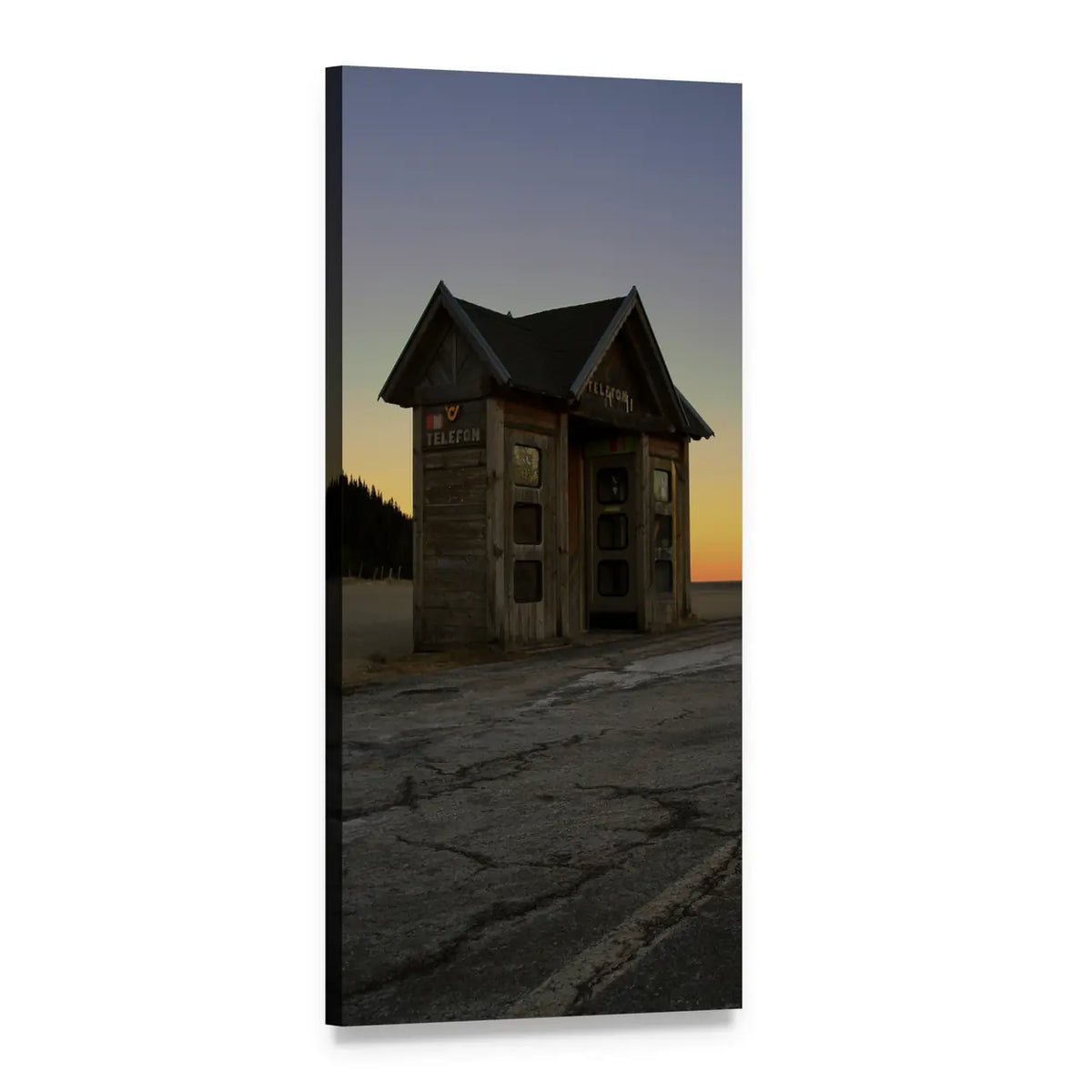 Wooden Phone Booth in Austria at Sunset Vertical Canvas Wall Art, 1 panel 1 Vertical layout gallery wrapped canvas set, angled product view