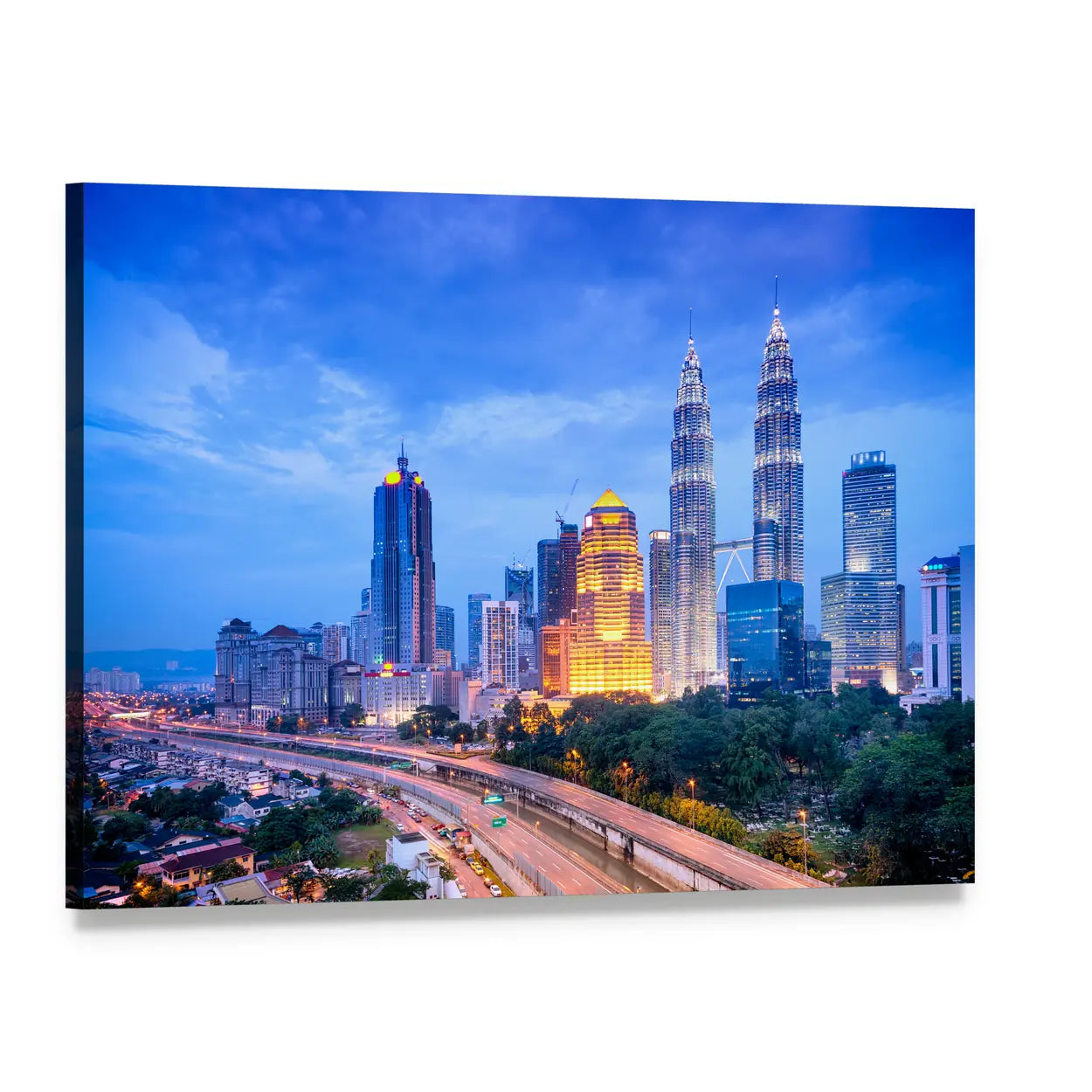 Kuala Lumpur Night Skyline with Petronas Twin Towers Canvas Wall Art, single panel gallery wrapped canvas, angled product view