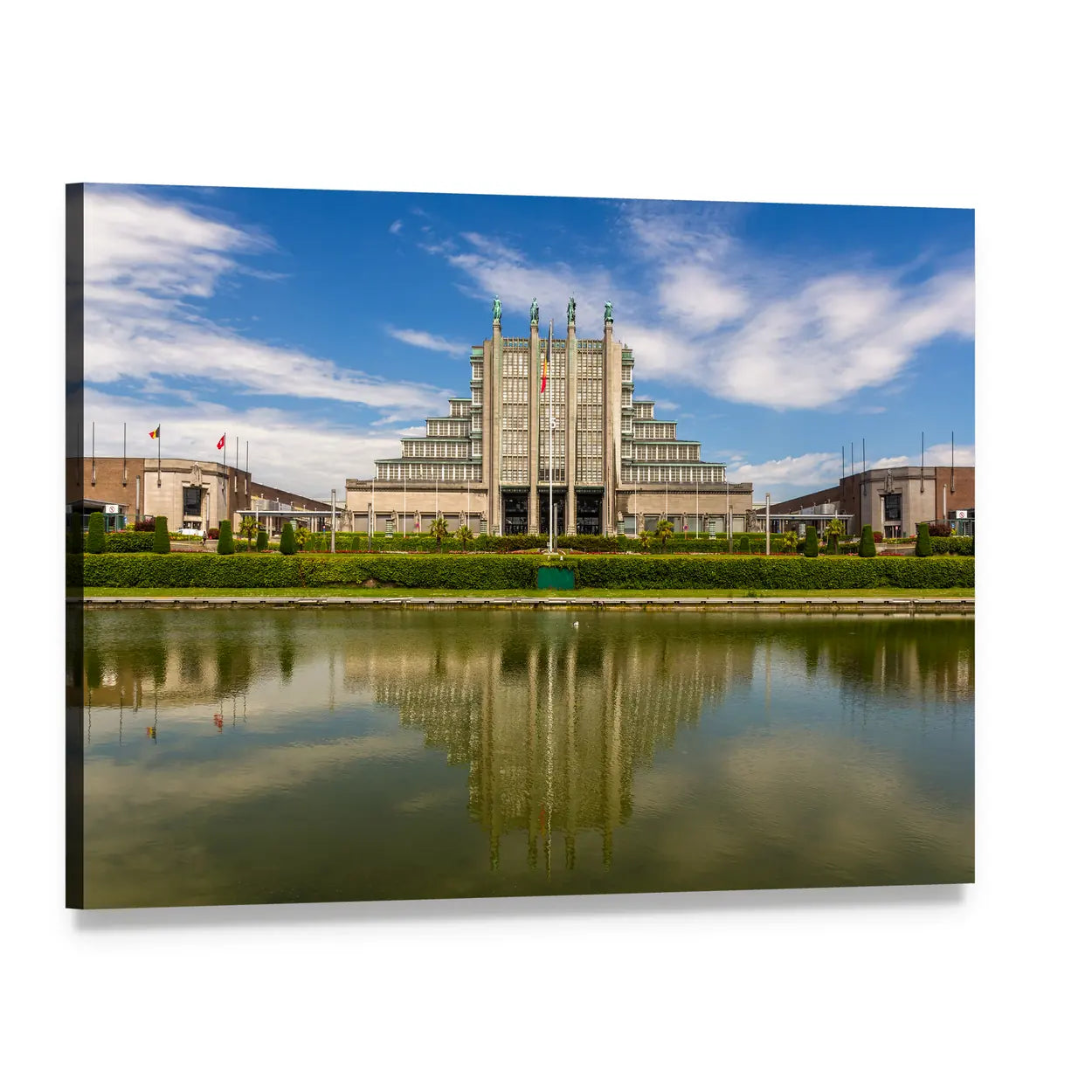 Stepped Exhibition Building with Water Reflection Canvas Wall Art, single panel gallery wrapped canvas, angled product view