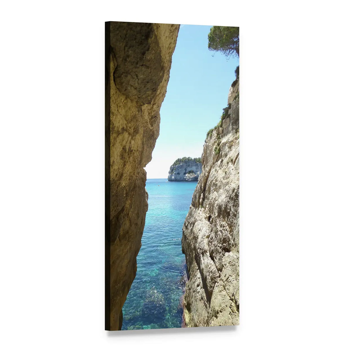 Menorca Sea Passage Between Limestone Cliffs Vertical Canvas Wall Art, 1 panel 1 Vertical layout gallery wrapped canvas set, angled product view