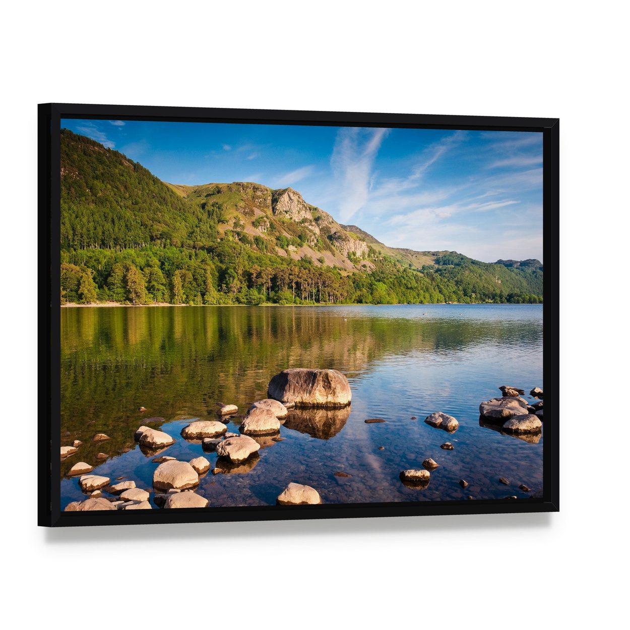 Scenic Lake District Cumbria Canvas Wall Art, framed canvas in a black floater frame, angled product view
