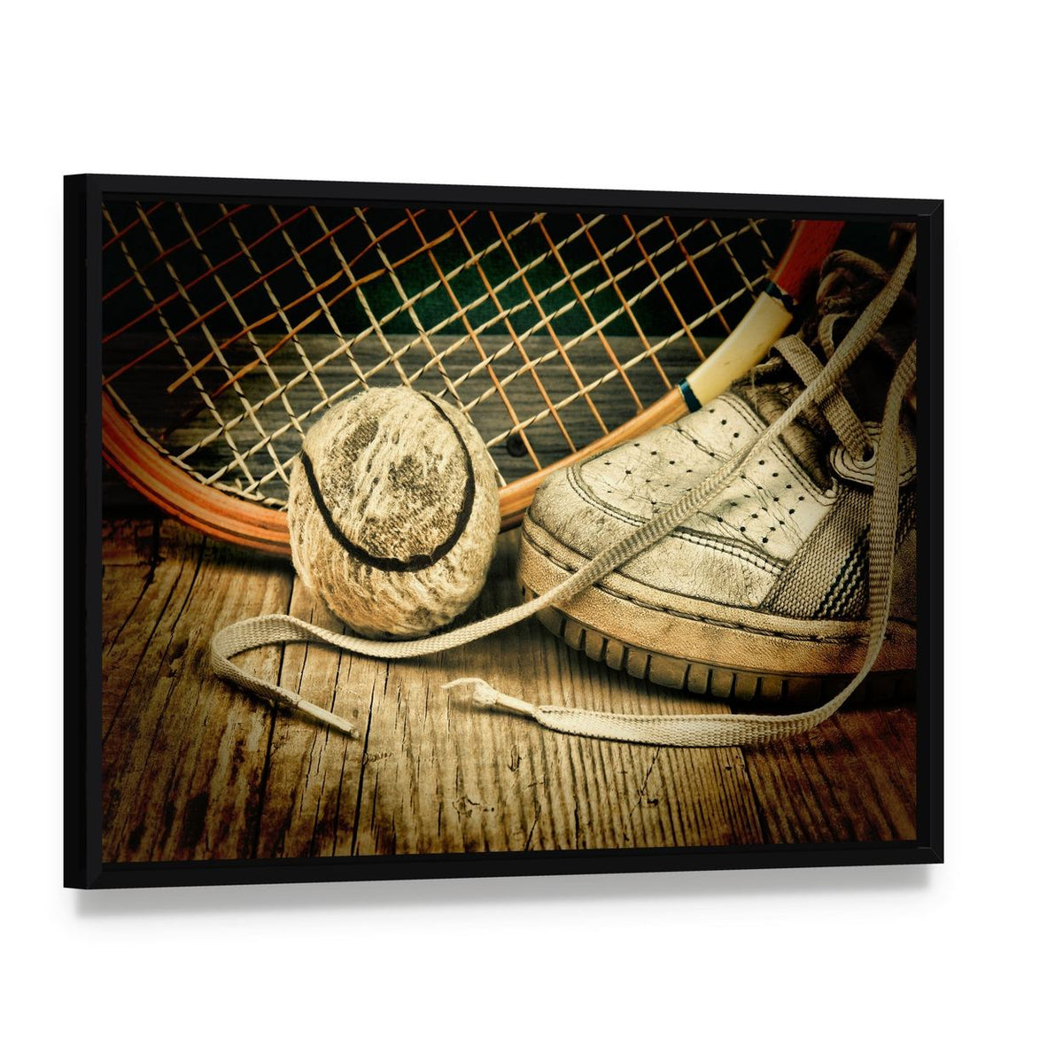 Tennis Ball and Racket with Sneakers Canvas Wall Art, framed canvas in a black floater frame, angled product view