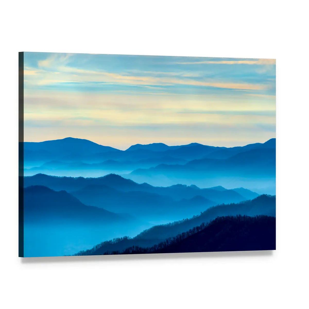 Smoky Mountains Morning Mist Canvas Wall Art, single panel gallery wrapped canvas, angled product view