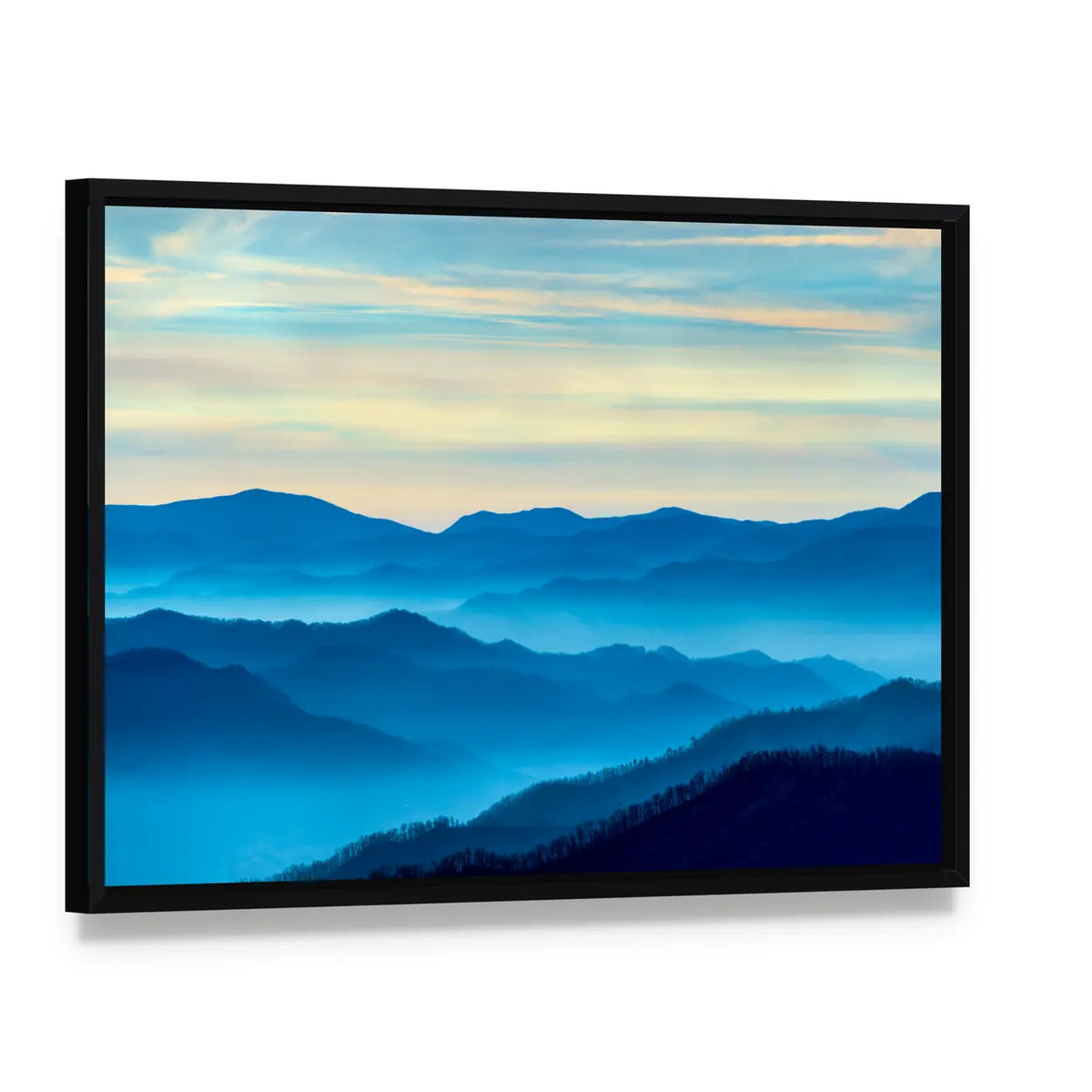Smoky Mountains Morning Mist Canvas Wall Art, framed canvas in a black floater frame, angled product view