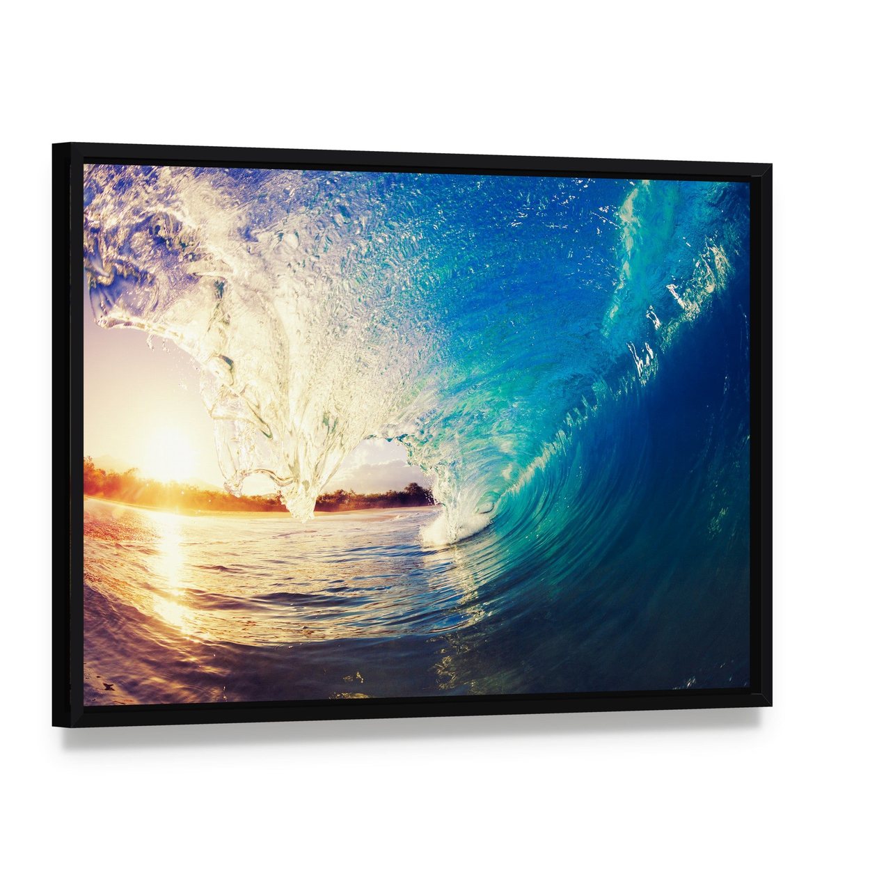 Colorful Ocean Wave Canvas Wall Art, framed canvas in a black floater frame, angled product view