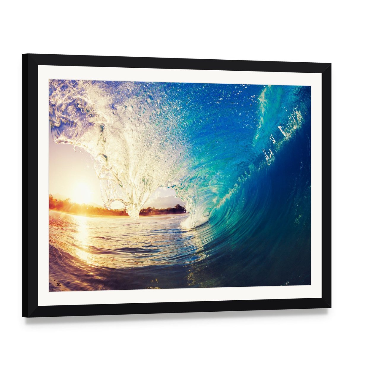 Colorful Ocean Wave Canvas Wall Art, framed print with white mat and black frame, angled product view