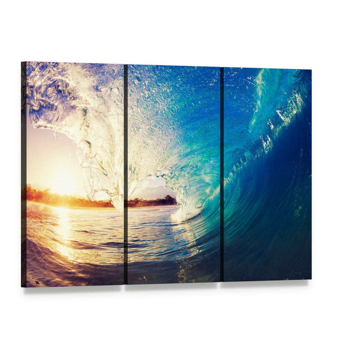 Colorful Ocean Wave Canvas Wall Art, 3 panel 3 Horizontal layout gallery wrapped canvas set, angled product view