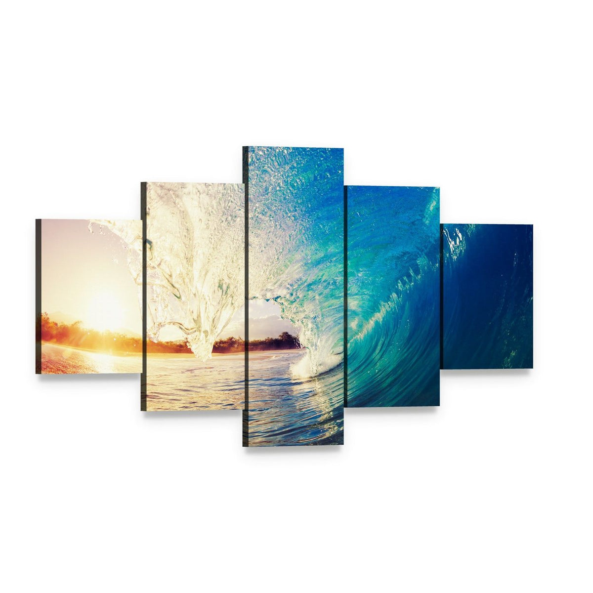 Colorful Ocean Wave Canvas Wall Art, 5 panel 5 Star layout gallery wrapped canvas set, angled product view
