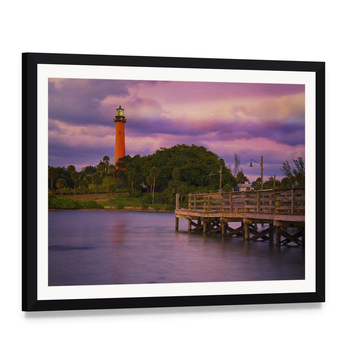Jupiter Inlet Lighthouse at Dusk Canvas Wall Art, framed print with white mat and black frame, angled product view