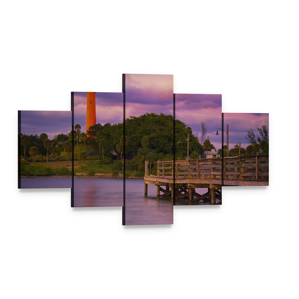 Jupiter Inlet Lighthouse at Dusk Canvas Wall Art, 5 panel 5 Star layout gallery wrapped canvas set, angled product view