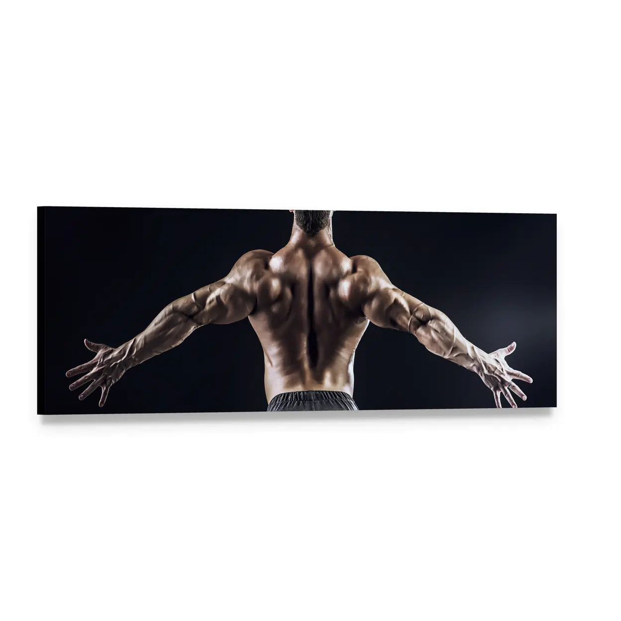 Bodybuilder with Outstretched Arms Panoramic Canvas Wall Art, single panel gallery wrapped canvas, angled product view