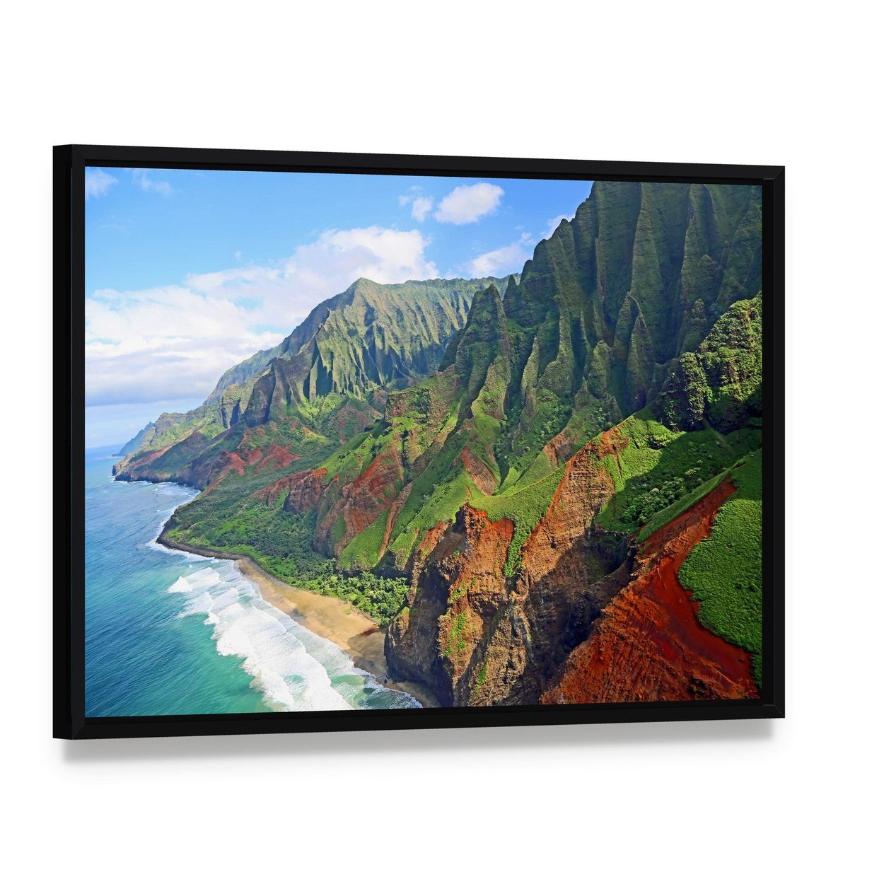 Na Pali Coast Cliffs, Hawaii Canvas Wall Art, framed canvas in a black floater frame, angled product view
